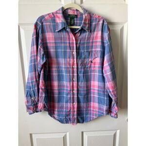 Lauren Ralph Lauren Pastel Pink Blue Plaid Linen Button Down Shirt Womens L